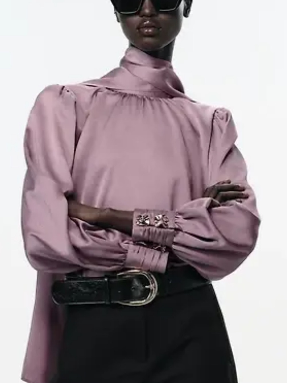 Zara Dusty Mauve Satin-effect High-Neck Puff Sleeve Blouse